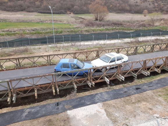 A training facility of the Kosovo Search and Rescue training simulating a head on collision of two cars on a bridge