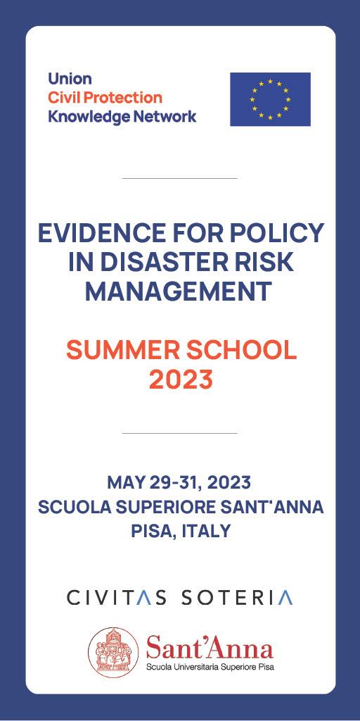 Banner for the Evidence for Policy in Disaster Risk Management Summer School 2023 with logos and logistical information