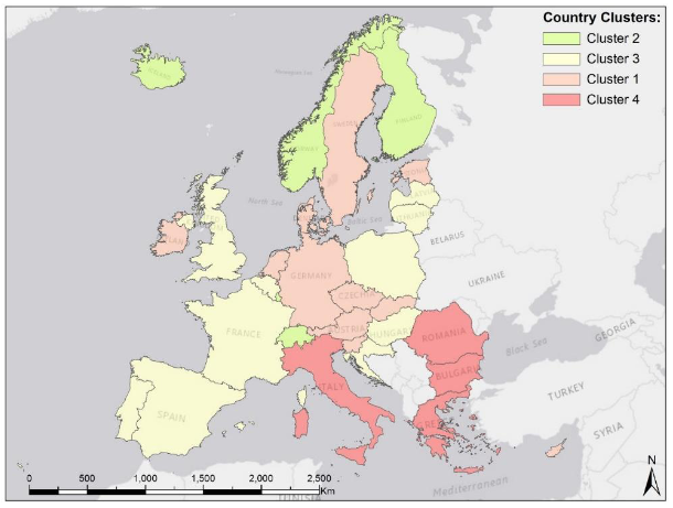 Map of europe showing clusters of different vulnerability trends