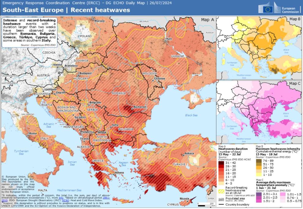 South East Europe recent heatwaves - Daily Map