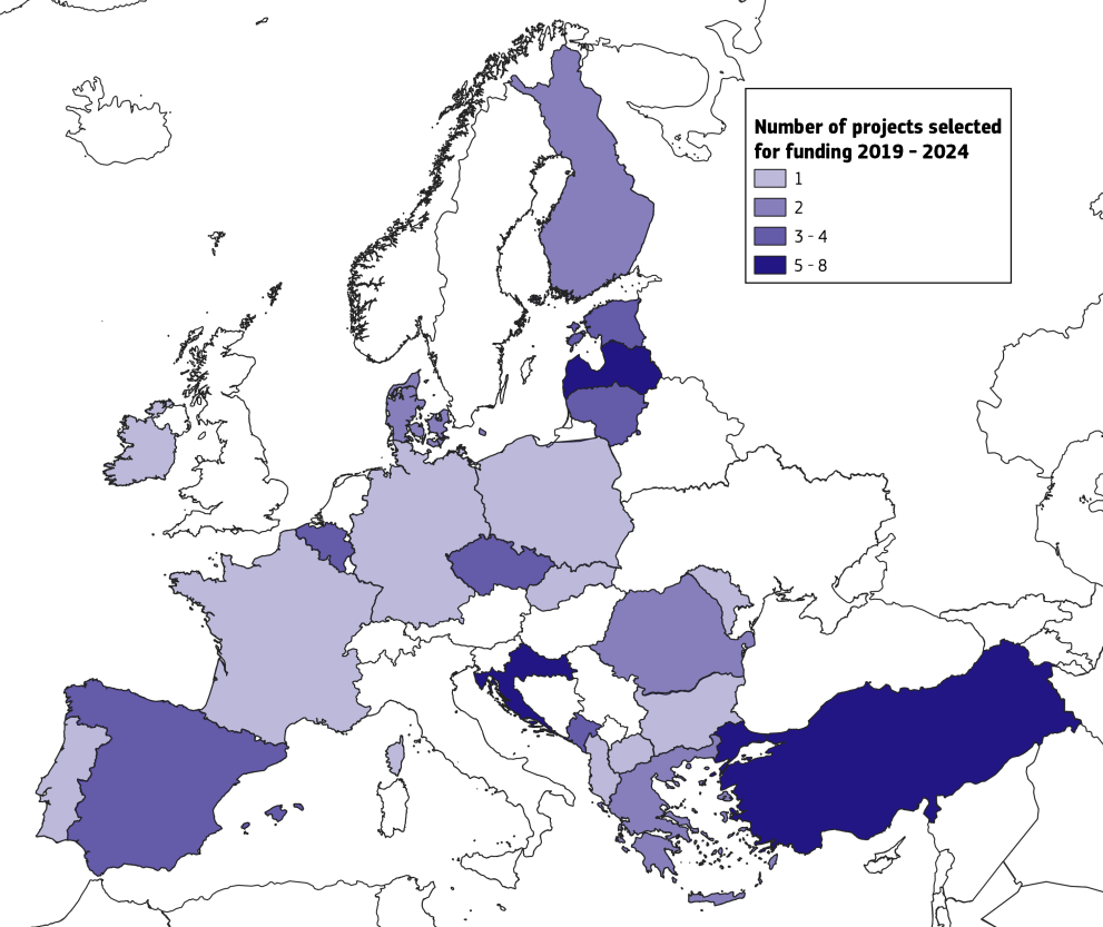 Map of European countries highlighted in different shades of purple with a legend at the top right.