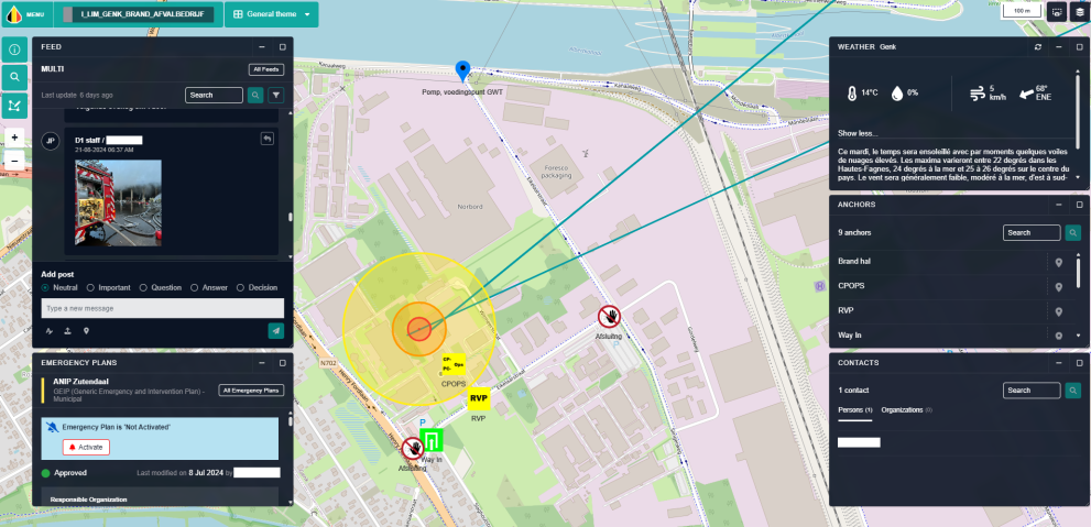 A screenshot of a colourful city map with photo and black text boxes on the sides presenting, for example, weather conditions.