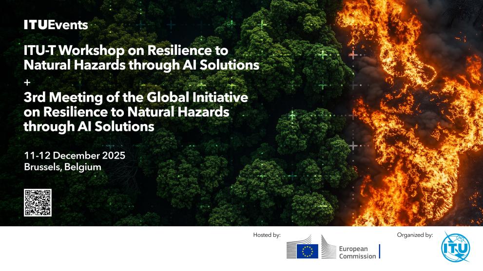 Conference information, such as date and location, over a wildfire burning a forest