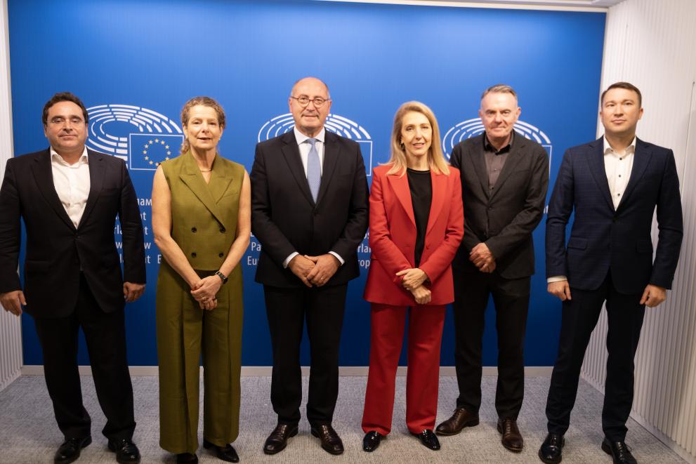 From left to right, posing for a picture in the European Parliament: Javier Sanchez, Cilla Benkö, Hélder Sousa Silva, Sibyle Veil, Noel Curran and Mykola Chernotytskyi.