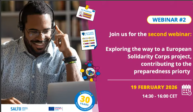 An image that visually promotes an upcoming EU webinar on youth volunteering, preparedness, and the European Solidarity Corps.