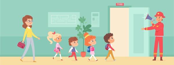 Illustration of four school children and their teacher being escorted out of the school building by someone from the emergencies services.