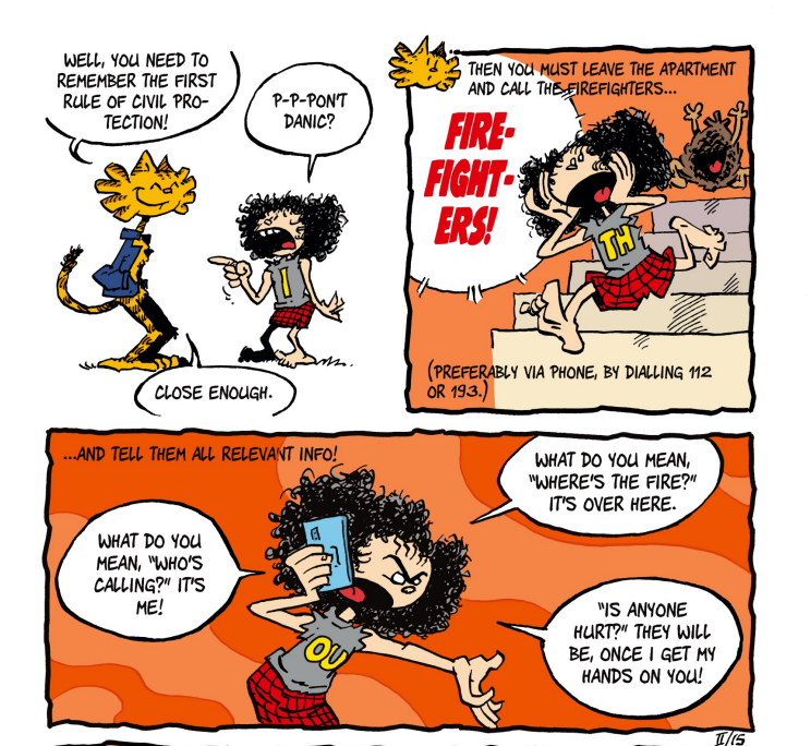 Page of the comic book 'Disasters!' with a funny depiction of how to stay calm during fires.