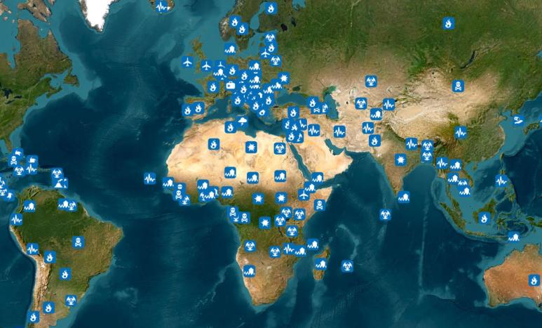 Satellite map of the world overlaid with icons showing the location and type of UCPM request for assistance
