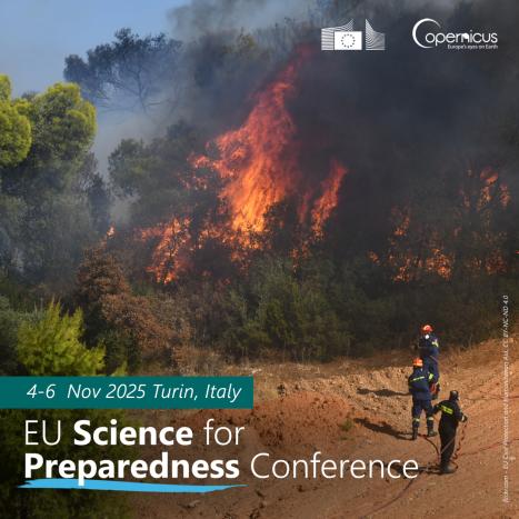 Logo EU Science for Preparedness Conference on the backdrop of a photo on which three firefighters are portrayed. They are carrying a hose, walking towards a forest fire.
