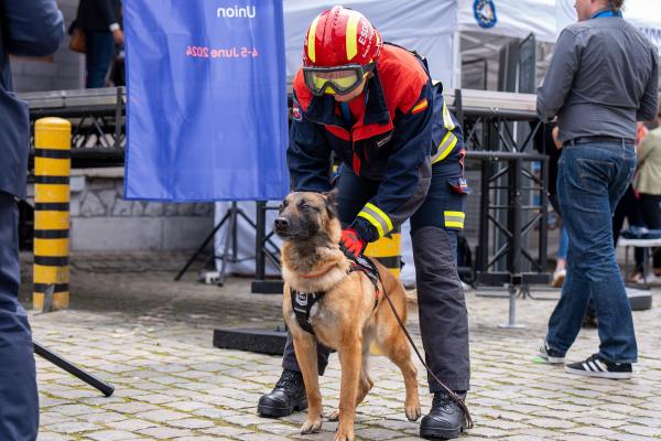 Demonstration with rescue dog and emergency responder.