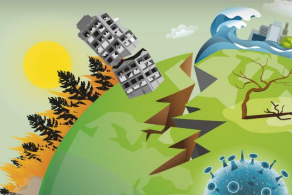 Visual design of planet earth and visual representations of wild fires, earthquakes, floods, extreme weather and pandemics.