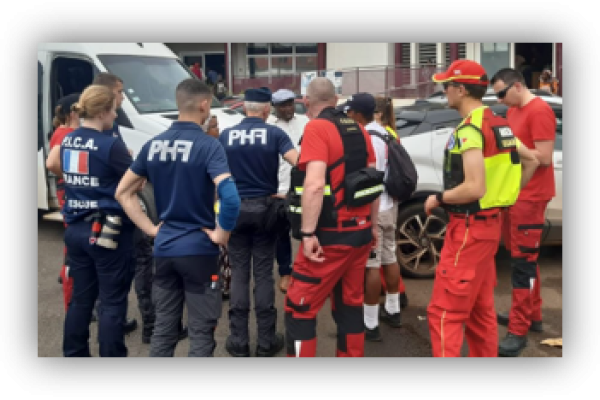 PHF emergency responders and volunteers coordinate on site response during the response to Cyclone Chido in Mayotte.