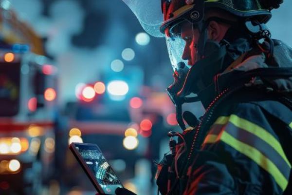 This picture shows a firefighter during a training exercise.