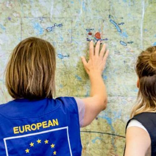 Civil protection professionals looking at the map