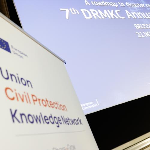Union Civil Protection Knowledge Network banner and a screen showcasing the 7th DRMKC Annual Seminar