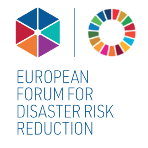 logo of the European Forum for Disaster Risk Reduction featuring the Sustainable Development Goals as a colourful wheel