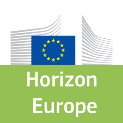 Logo of the Horizon Europe programme with just the text and the European Commission logo