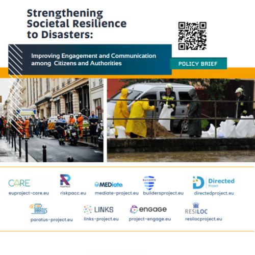 Cover page of the Strengthening Societal Resilience to Disaster policy brief featuring two responses to accidents and logos of all the involved projects