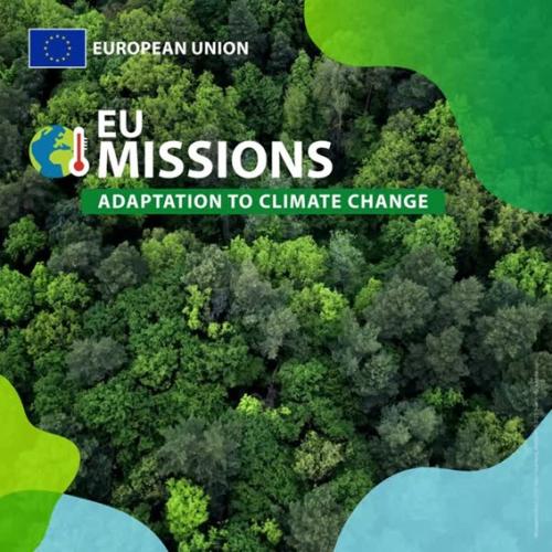 Logo of the EU Mission Adaptation to Climate Change with a forest in the background