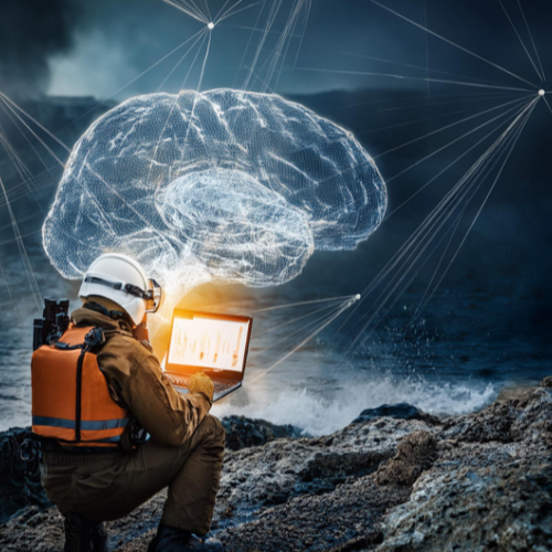 An AI generated picture where a futuristic first responder is connected to via a laptop to artificial intelligence next to a coast - the AI is represented by a hologram-style brain
