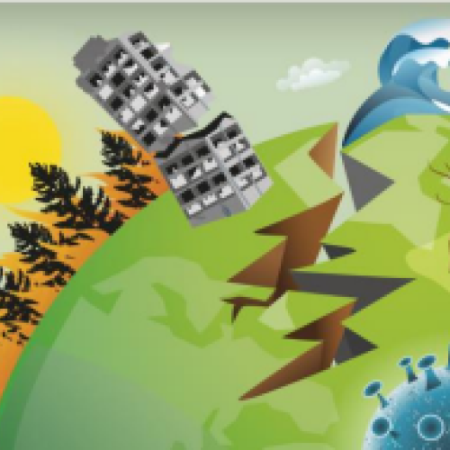 Drawn image of part of the globe with a crack in the middle, a tsunami and forest fires on top and a virus at the bottom.