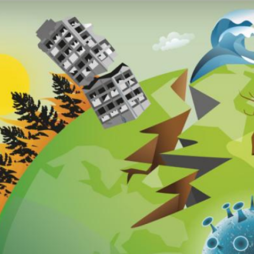 Visual design of the earth, wild fires, earthquakes, floods, extreme weather and pandemics.