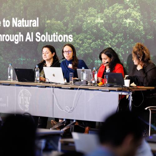 Panel presenting documents and projects during meeting. Four women seated on stage.