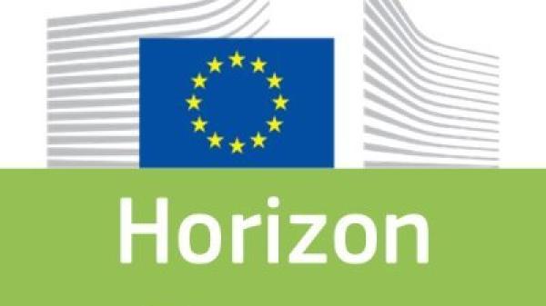 Logo of the Horizon Europe programme with just the text and the European Commission logo