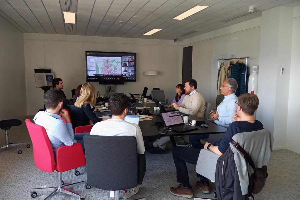 RED ROSES consortium members sitting around the table and discussing the cartographic data displayed on the screen.