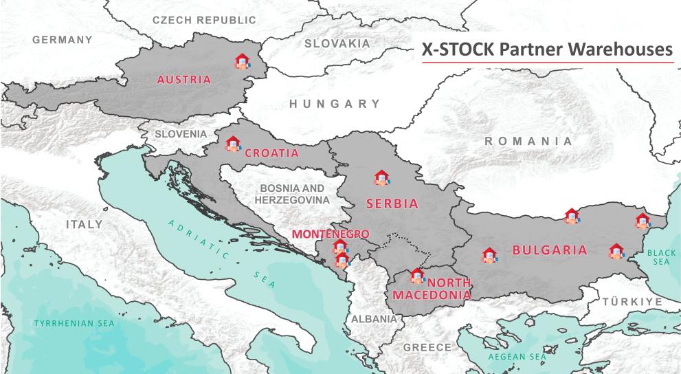 map with Austria, Croatia, Serbia, Montenegro, North Macedonia and Bulgaria colored in grey, showing warehouse locations