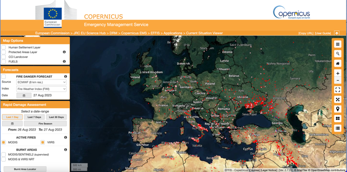 Copernicus map showing fires in Europe 2022