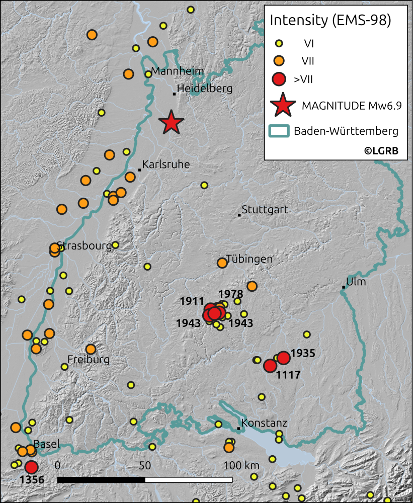 Fig. 2: Map of damaging earthquakes (EMS-98 intensity of VI or higher) for the last 1000 years according to the earthquake catalogue of Baden-Württemberg. Red dots mark earthquakes of intensity larger than VII including their year of occurrence, orange dots stand for intensity VII and yellow for intensity VI. The red star gives the position of the Mw6.9 MAGNITUDE exercise earthquake, with a maximum intensity of IX. (base map: https://doi.org/10.5270/ESA-c5d3d65)