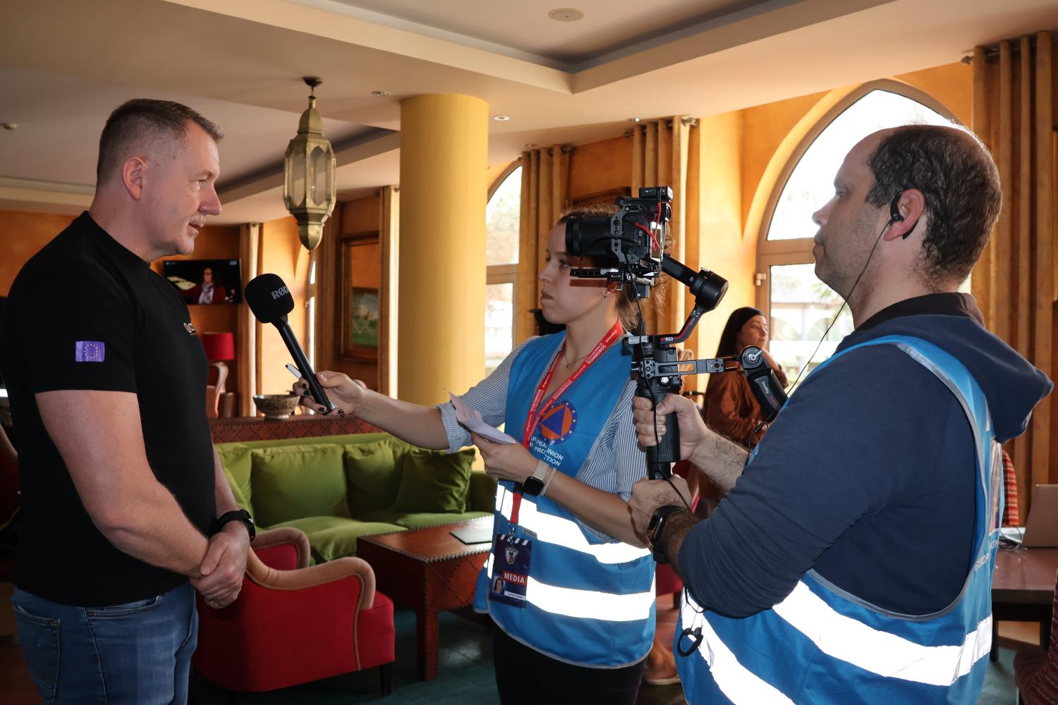 A participant gives an interview for the exercise video (not in scenario / roleplay).