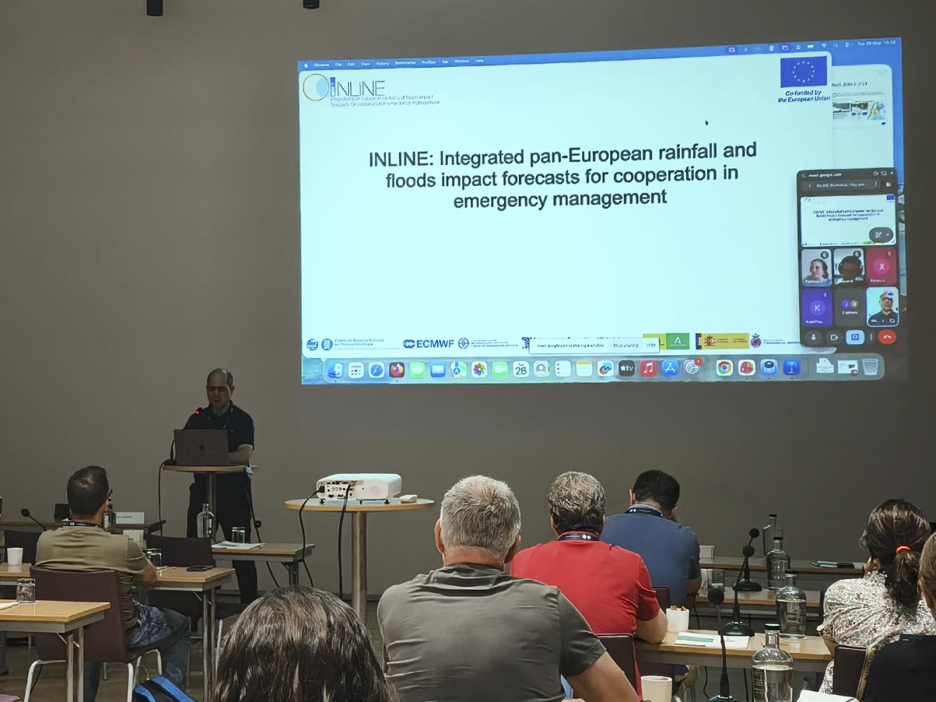 An overview of the meeting room on day one of the three-day international demonstration workshop organized by the INLINE project in Lisbon, aimed at testing tools to anticipate the impacts of storms, heavy rainfall and floods.