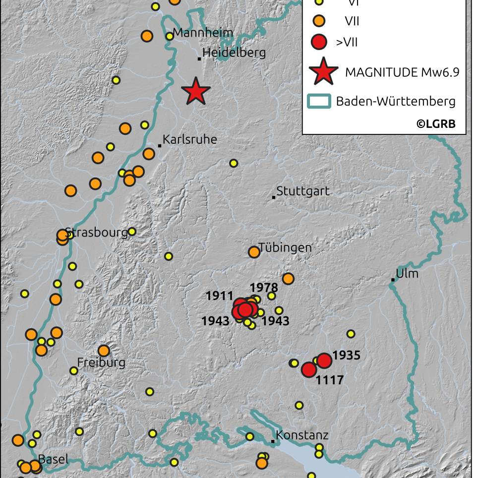 Fig. 2: Map of damaging earthquakes (EMS-98 intensity of VI or higher) for the last 1000 years according to the earthquake catalogue of Baden-Württemberg. Red dots mark earthquakes of intensity larger than VII including their year of occurrence, orange dots stand for intensity VII and yellow for intensity VI. The red star gives the position of the Mw6.9 MAGNITUDE exercise earthquake, with a maximum intensity of IX. (base map: https://doi.org/10.5270/ESA-c5d3d65)