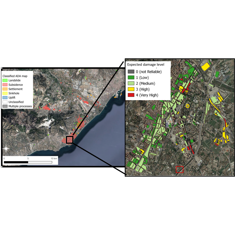 RASTOOL-DoS Example of map - Buildings affected by ground subsidece.