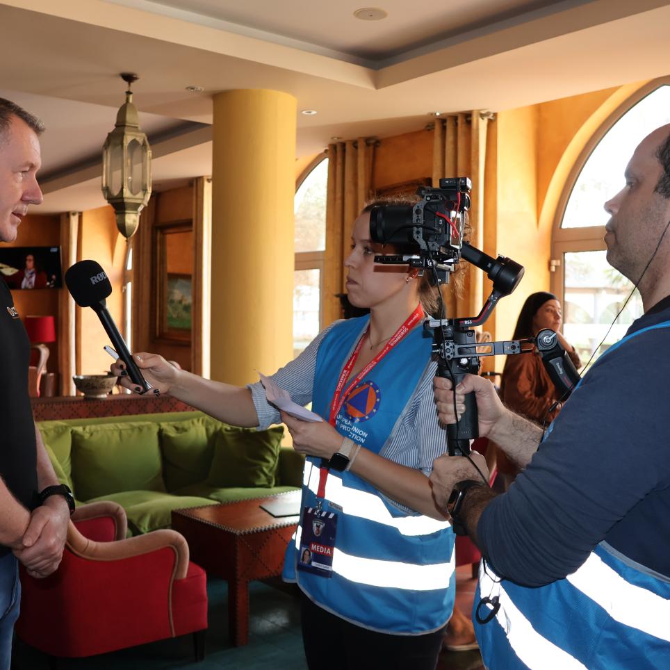 A participant gives an interview for the exercise video (not in scenario / roleplay).