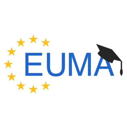 Logo of EUMA project with the text, stars of the European Union and a hat of a university graduate