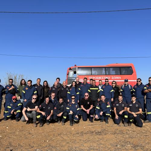 Members of the EWED consortium and representatives of the FIRE-RES project, the Hellenic Fire Service and the Catalan Fire and Rescue Service in Varnavas, Greece.