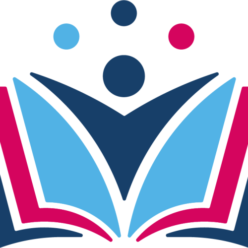 Logo: drawn illustration of a person coming out of an open book with their arms outstretched and three dots overhead.
