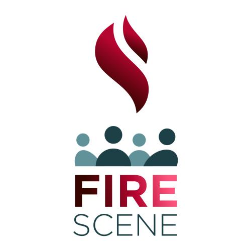 Logo with four digitally drawn persons, with red flames above and below the text FIRE SCENE.