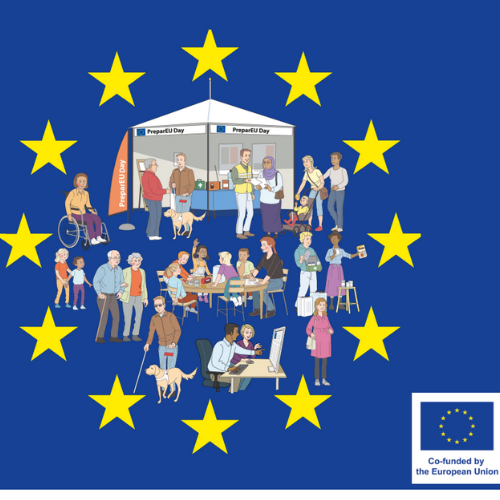An illustration inspired by the European Union flag, showing people engaged in activities like reading, working, and chatting around a tent labeled "European Union." It highlights community, collaboration, and EU support.