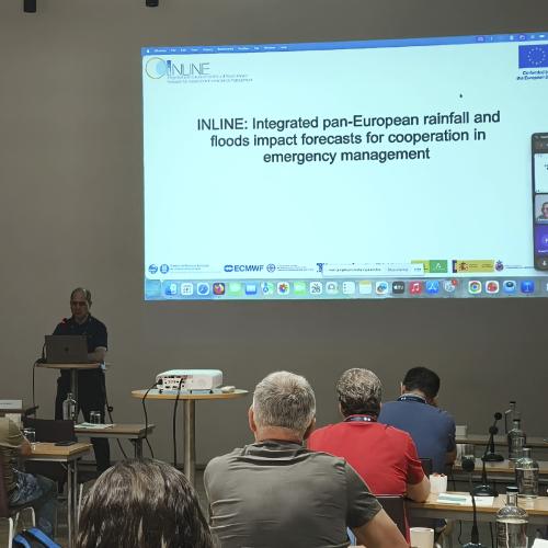 An overview of the meeting room on day one of the three-day international demonstration workshop organized by the INLINE project in Lisbon, aimed at testing tools to anticipate the impacts of storms, heavy rainfall and floods.