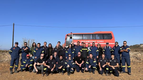 Members of the EWED consortium and representatives of the FIRE-RES project, the Hellenic Fire Service and the Catalan Fire and Rescue Service in Varnavas, Greece.