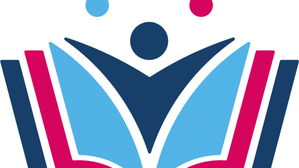 Logo: drawn illustration of a person coming out of an open book with their arms outstretched and three dots overhead.