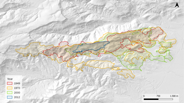 Perimeters from historical wildfires in Albiol, Catalunya, in 1949, 1970, 2000 and 2012. The image shows that in the same general meteorological situation, the fire spreads in similar patterns (in this case, in a conjunction between wind and topography).