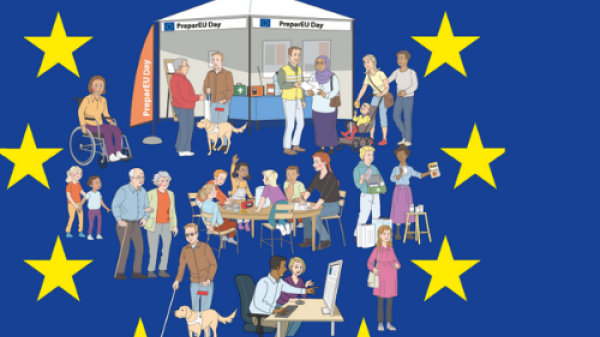 An illustration inspired by the European Union flag, showing people engaged in activities like reading, working, and chatting around a tent labeled "European Union." It highlights community, collaboration, and EU support.