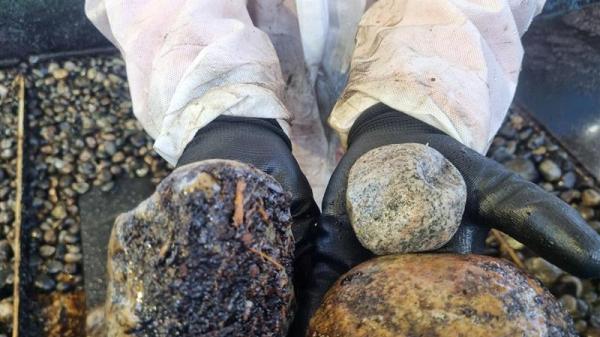 Holding rocks with oil on them.