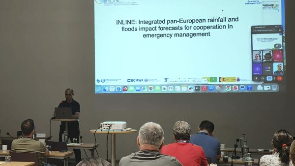 An overview of the meeting room on day one of the three-day international demonstration workshop organized by the INLINE project in Lisbon, aimed at testing tools to anticipate the impacts of storms, heavy rainfall and floods.